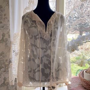 NWT Perfect Condition, SHEILAY, Small, Sheer Cream with Gold Trim Blouse